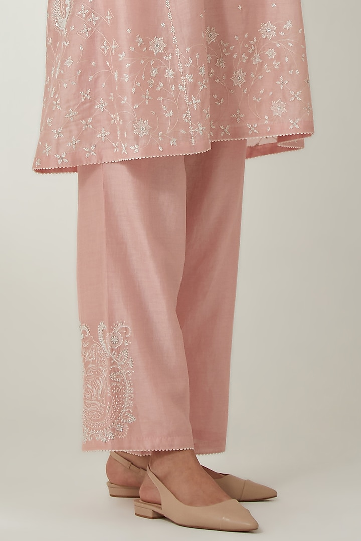 Pink Silk Chanderi Thread Embroidered Kurta Set by Kora at Pernia's Pop Up Shop