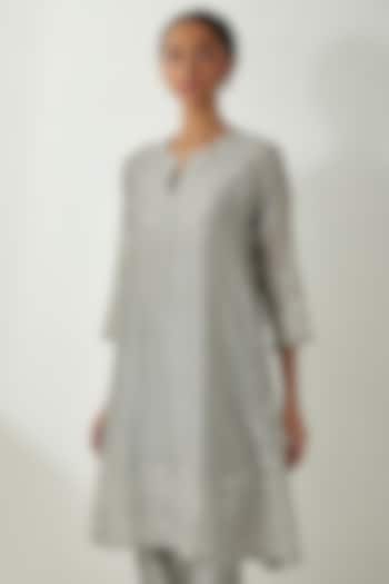 Bluish Grey Silk Chanderi Thread Embroidered Kurta Set by Kora at Pernia's Pop Up Shop