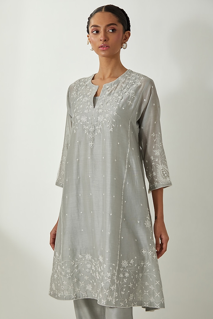 Bluish Grey Silk Chanderi Thread Embroidered Kurta Set by Kora at Pernia's Pop Up Shop