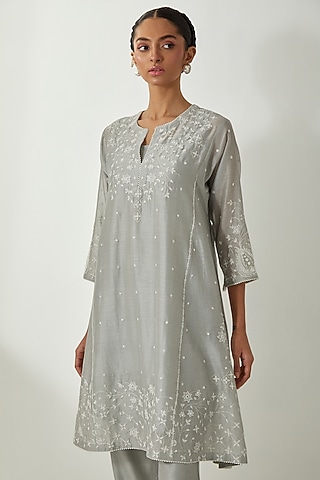 Bluish Grey Silk Chanderi Thread Embroidered Kurta Set by Kora