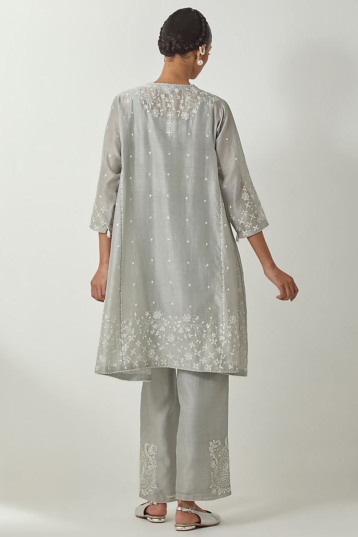 Bluish Grey Silk Chanderi Thread Embroidered Kurta Set by Kora at Pernia's Pop Up Shop