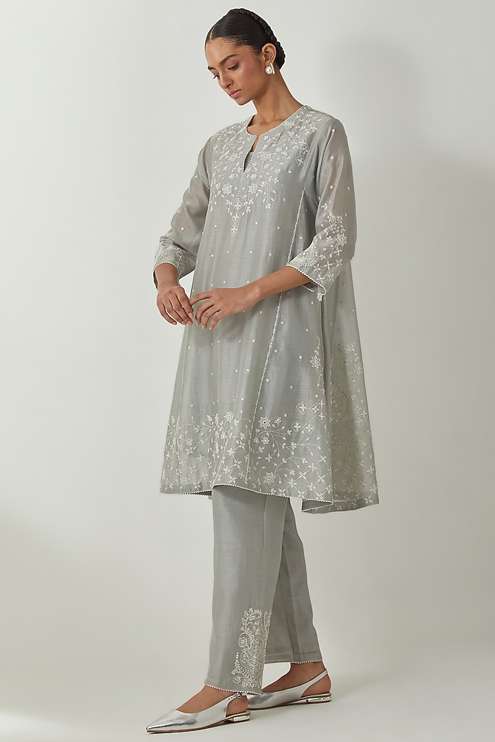 Bluish Grey Silk Chanderi Thread Embroidered Kurta Set by Kora at Pernia's Pop Up Shop