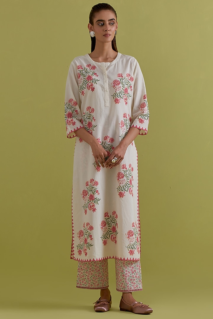 Off-White Cotton Hand-Block Printed Kurta Set by Kora at Pernia's Pop Up Shop