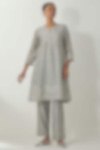 Bluish Grey Silk Chanderi Thread Embroidered Kurta Set by Kora at Pernia's Pop Up Shop