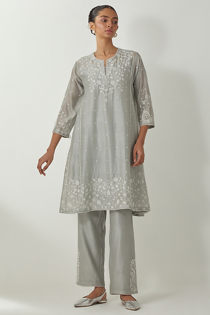 Bluish Grey Silk Chanderi Thread Embroidered Kurta Set by Kora at Pernia's Pop Up Shop
