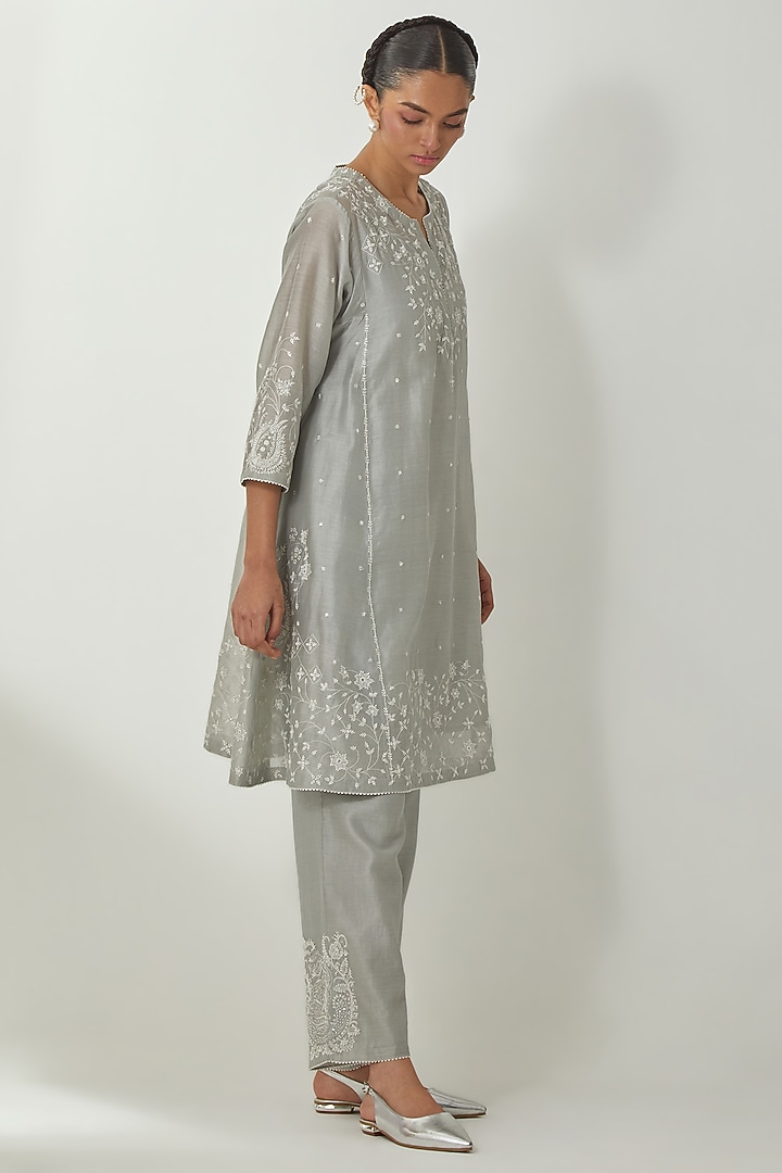 Bluish Grey Silk Chanderi Thread Embroidered Kurta Set by Kora at Pernia's Pop Up Shop