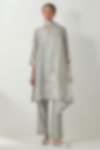 Bluish Grey Silk Chanderi Thread Embroidered Kurta Set by Kora at Pernia's Pop Up Shop