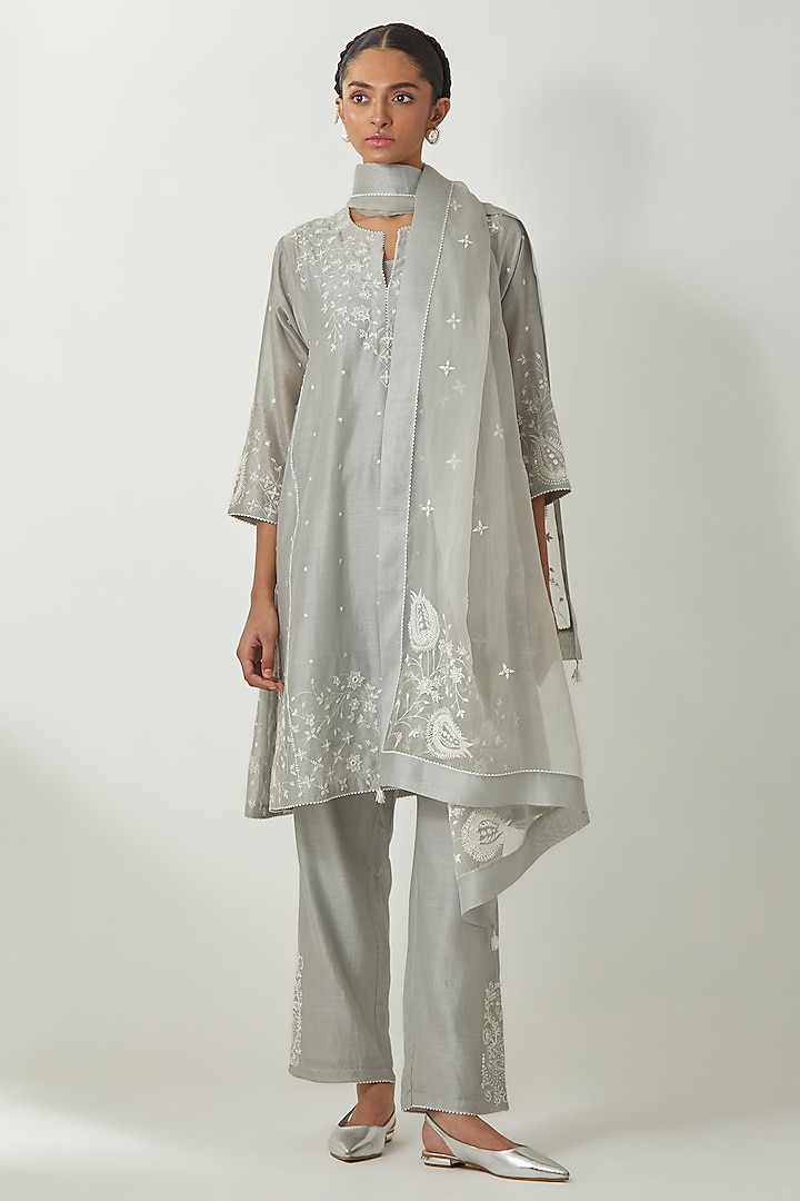 Bluish Grey Silk Chanderi Thread Embroidered Kurta Set by Kora at Pernia's Pop Up Shop