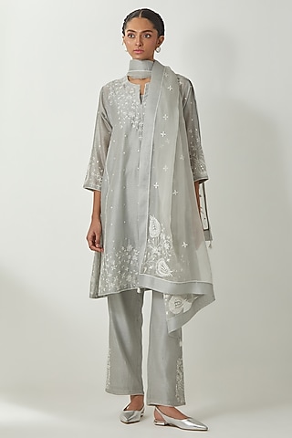Bluish Grey Silk Chanderi Thread Embroidered Kurta Set by Kora