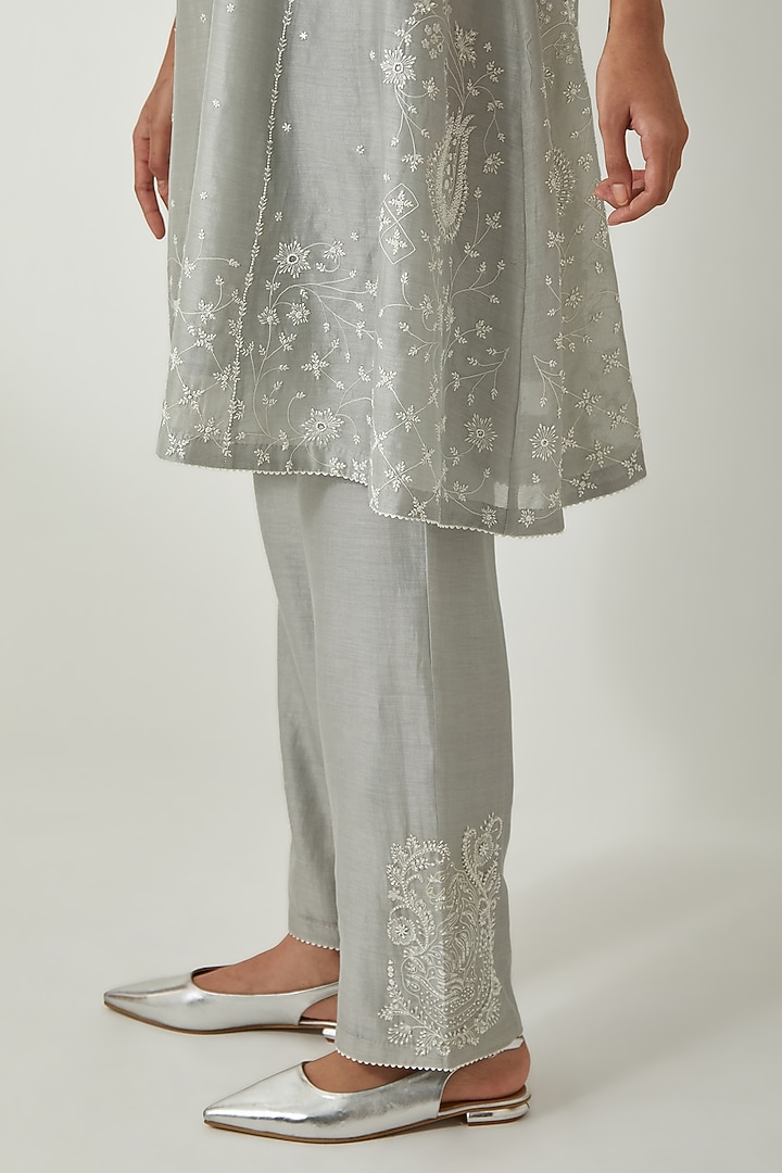 Bluish Grey Silk Chanderi Thread Embroidered Kurta Set by Kora at Pernia's Pop Up Shop