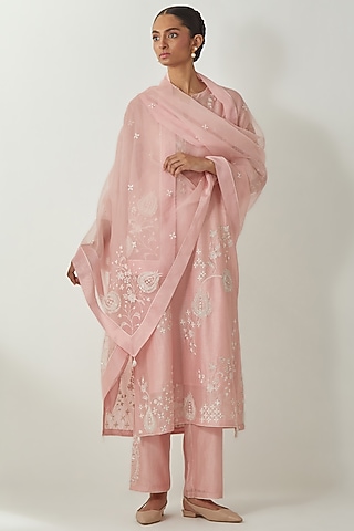 Pink Silk Organza Thread Embroidered Dupatta by Kora