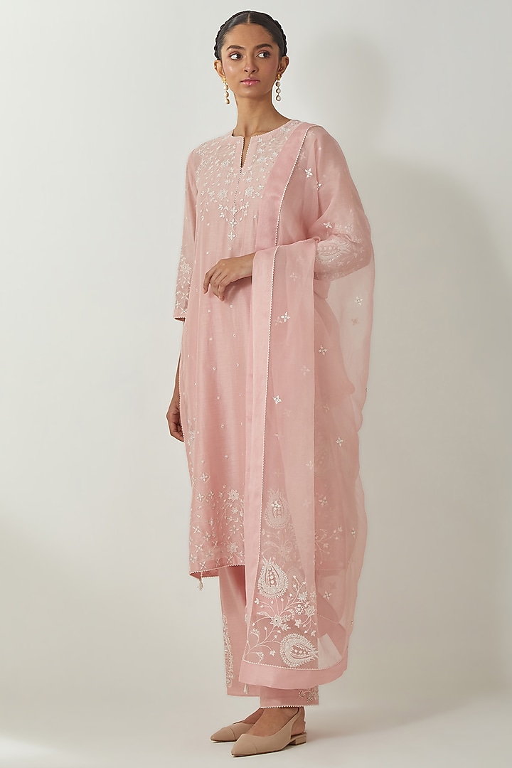 Pink Silk Organza Thread Embroidered Dupatta by Kora at Pernia's Pop Up Shop