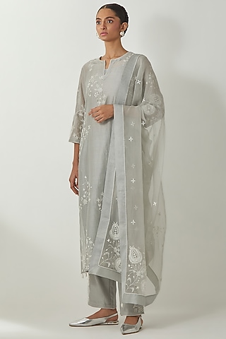Bluish Grey Silk Organza Thread Embroidered Dupatta by Kora