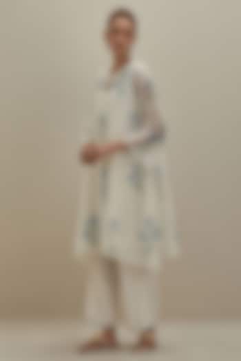 Off-White & Blue Cotton Chanderi Hand Block Printed Kurta by Kora at Pernia's Pop Up Shop