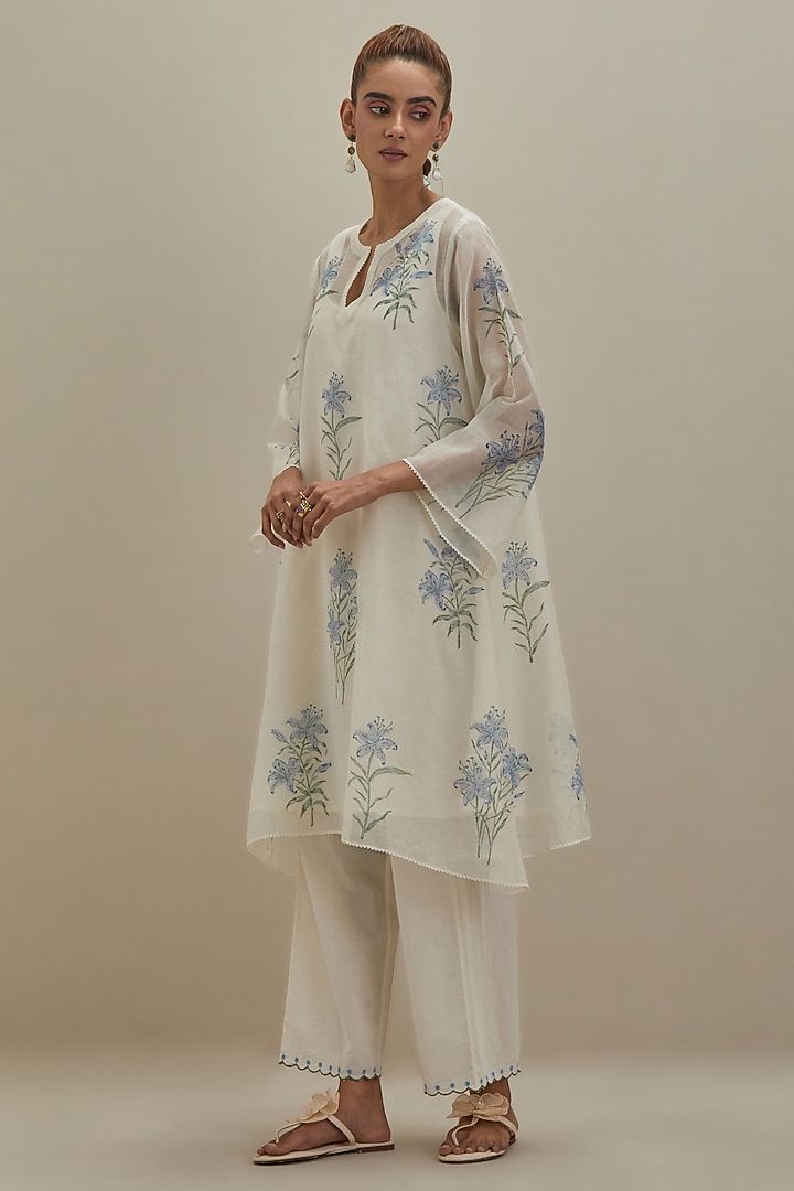 Off-White & Blue Cotton Chanderi Hand Block Printed Kurta by Kora at Pernia's Pop Up Shop
