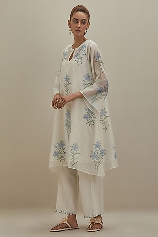 Off-White & Blue Cotton Chanderi Hand Block Printed Kurta by Kora
