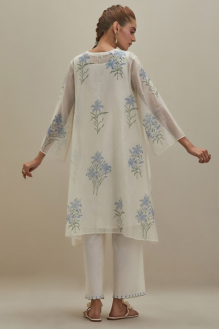 Off-White & Blue Cotton Chanderi Hand Block Printed Kurta by Kora at Pernia's Pop Up Shop