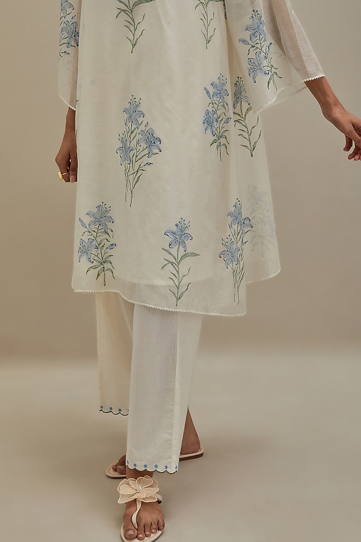 Off-White & Blue Cotton Chanderi Hand Block Printed Kurta Set by Kora at Pernia's Pop Up Shop