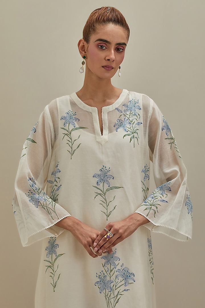 Off-White & Blue Cotton Chanderi Hand Block Printed Kurta Set by Kora at Pernia's Pop Up Shop