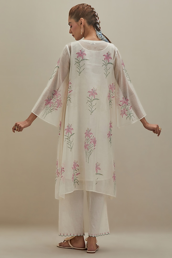 Off-White & Pink Cotton Chanderi Hand Block Printed Kurta by Kora at Pernia's Pop Up Shop