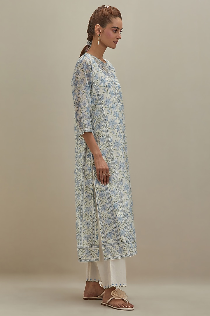 Off-White & Blue Cotton Chanderi Hand Block Printed Kurta by Kora at Pernia's Pop Up Shop