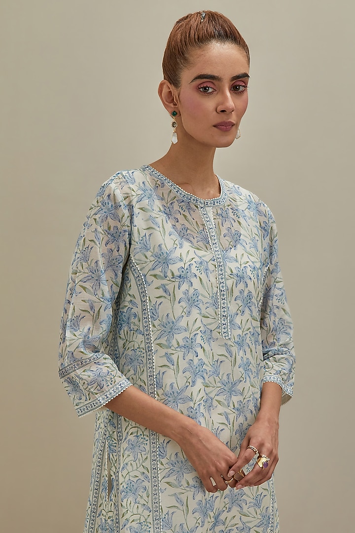 Off-White & Blue Cotton Chanderi Hand Block Printed Kurta by Kora at Pernia's Pop Up Shop