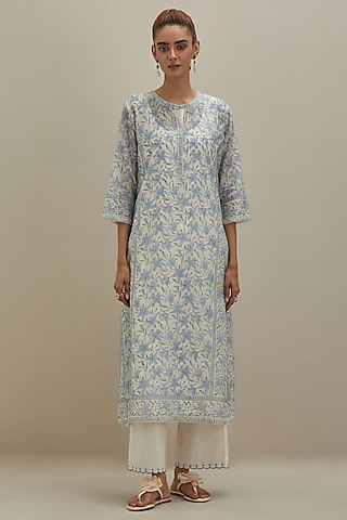 Off-White & Blue Cotton Chanderi Hand Block Printed Kurta by Kora