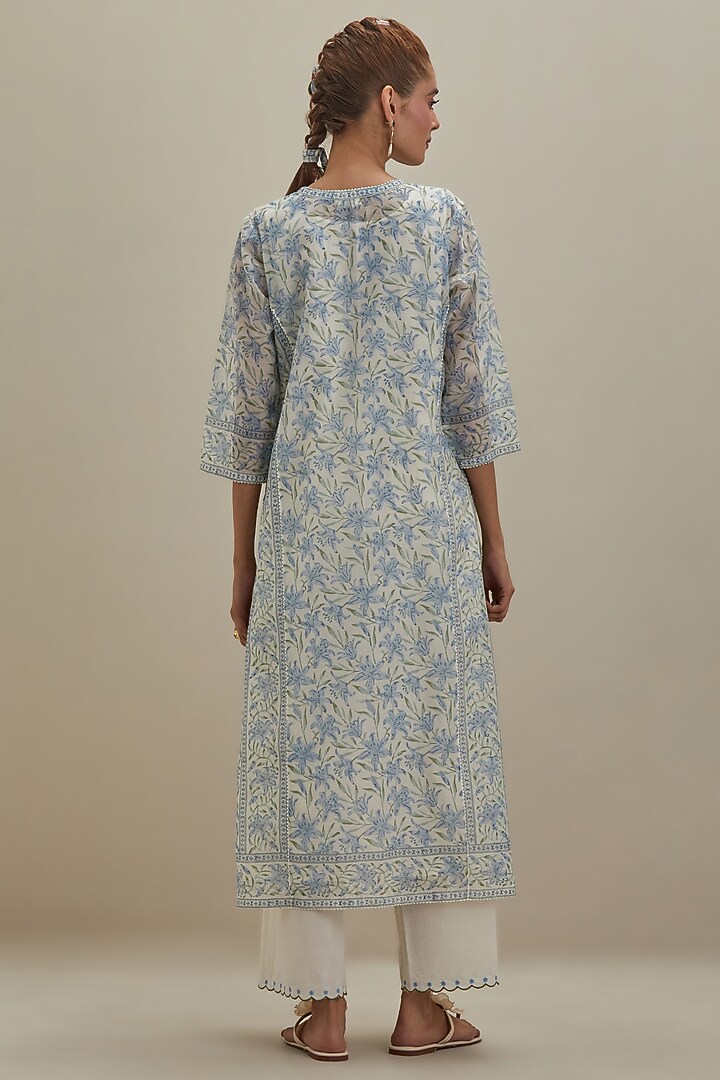 Off-White & Blue Cotton Chanderi Hand Block Printed Kurta Set by Kora at Pernia's Pop Up Shop