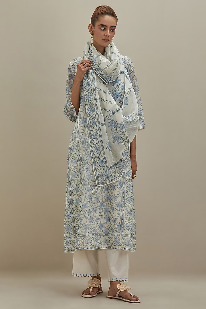 Off-White & Blue Cotton Chanderi Hand Block Printed Kurta Set by Kora at Pernia's Pop Up Shop