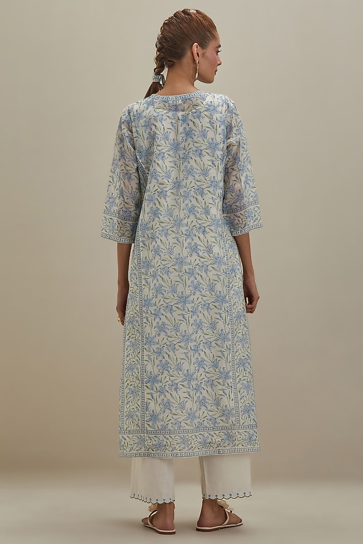 Off-White & Blue Cotton Chanderi Hand Block Printed Kurta Set by Kora at Pernia's Pop Up Shop