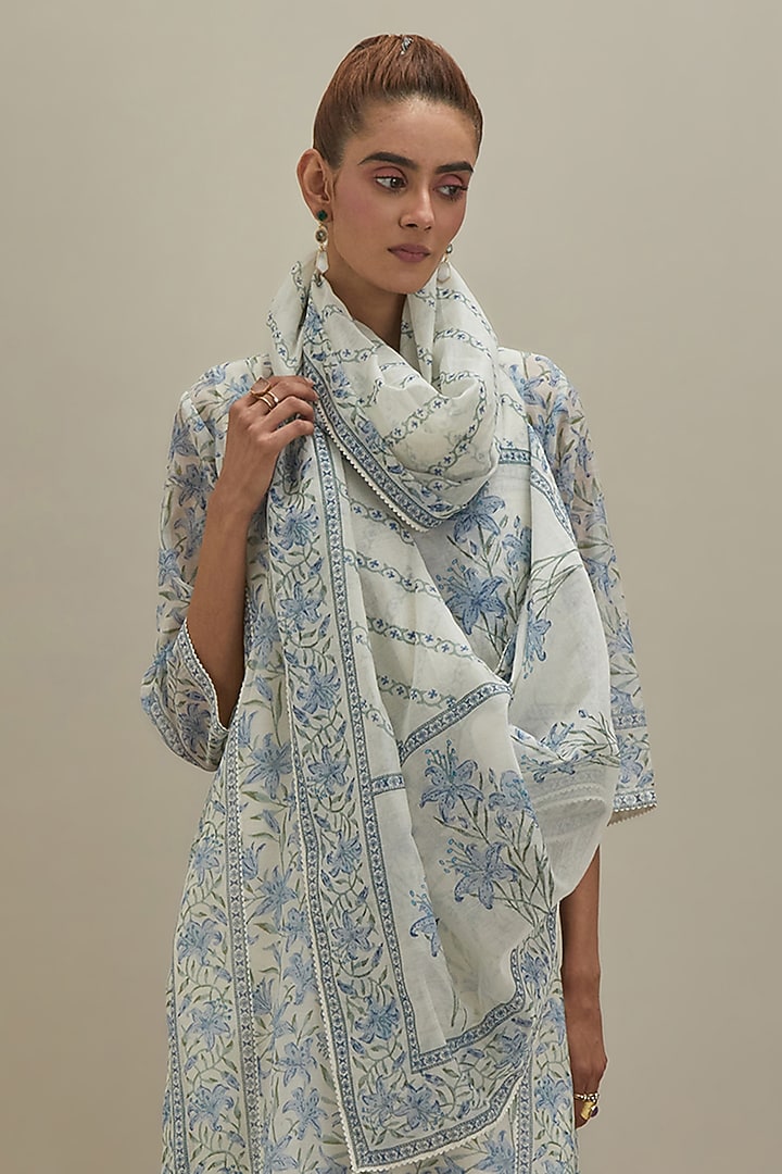 Off-White & Blue Cotton Chanderi Hand Block Printed Kurta Set by Kora at Pernia's Pop Up Shop
