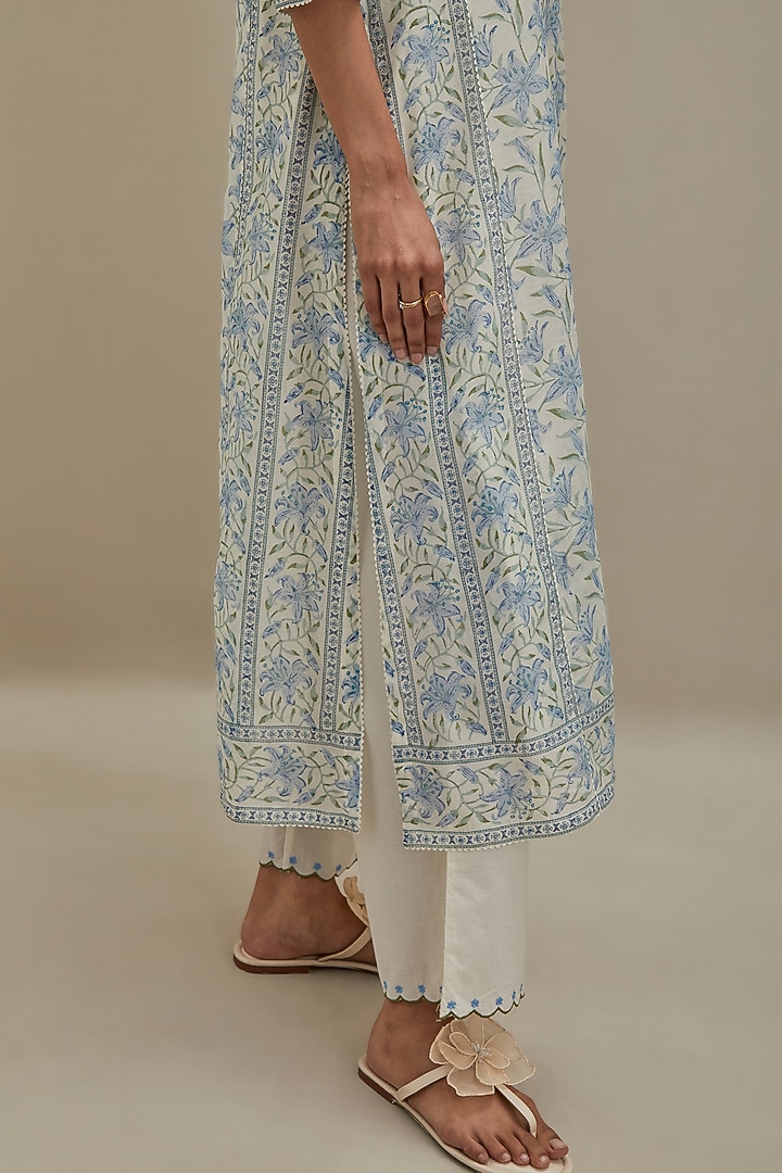 Off-White & Blue Cotton Chanderi Hand Block Printed Kurta Set by Kora at Pernia's Pop Up Shop