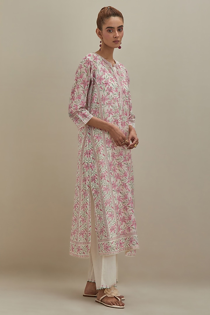 Off-White & Pink Cotton Chanderi Hand Block Printed Kurta by Kora at Pernia's Pop Up Shop