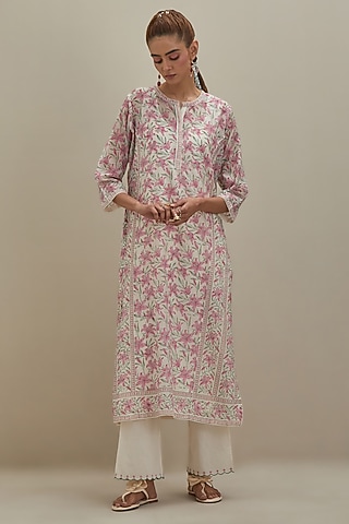 Off-White & Pink Cotton Chanderi Hand Block Printed Kurta by Kora