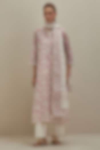 Off-White & Pink Cotton Chanderi Hand Block Printed Kurta Set by Kora at Pernia's Pop Up Shop