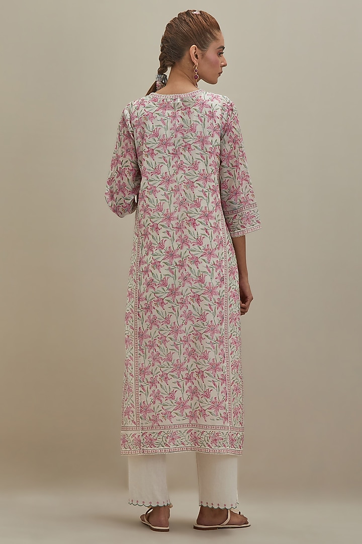 Off-White & Pink Cotton Chanderi Hand Block Printed Kurta Set by Kora at Pernia's Pop Up Shop