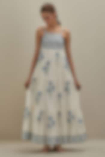Off-White & Blue Cotton Hand Block Printed Tiered Summer Dress by Kora at Pernia's Pop Up Shop
