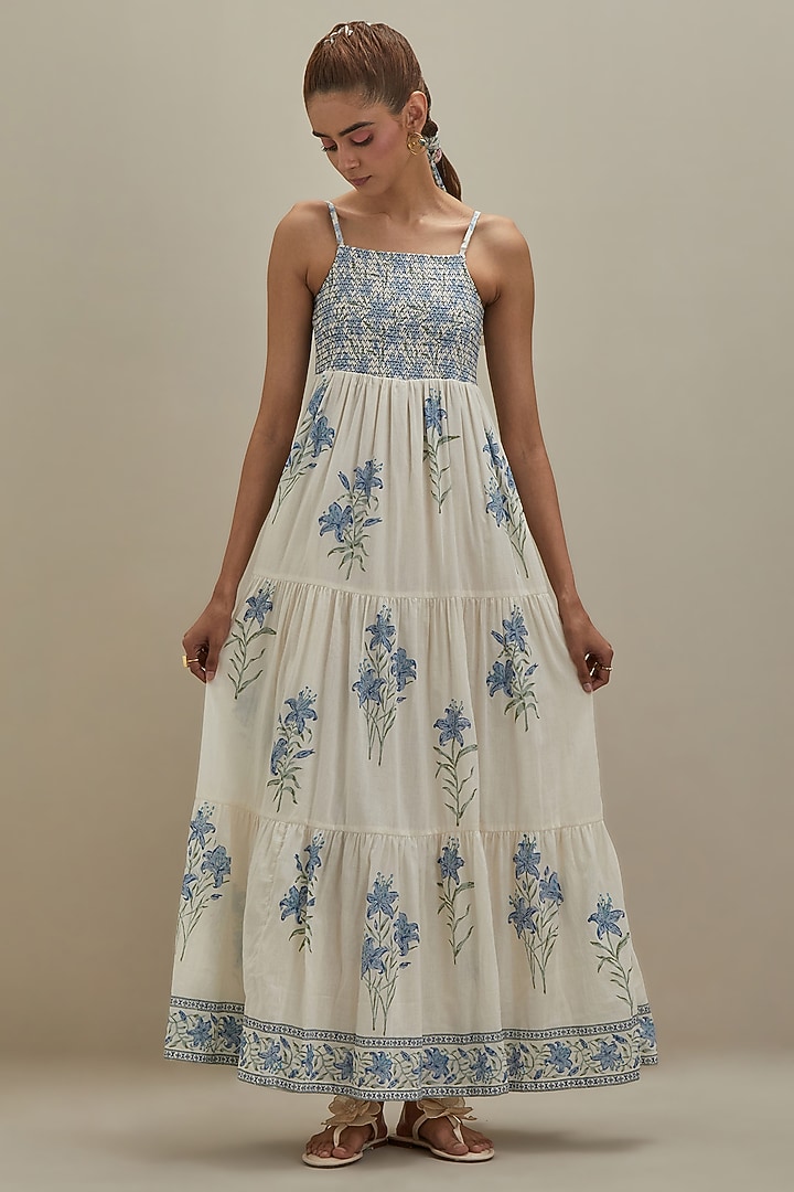 Off-White & Blue Cotton Hand Block Printed Tiered Summer Dress by Kora at Pernia's Pop Up Shop