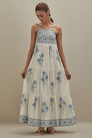 Off-White & Blue Cotton Hand Block Printed Tiered Dress by Kora