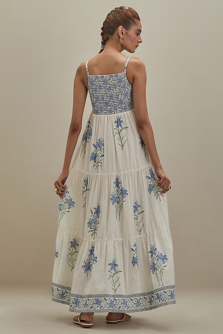 Off-White & Blue Cotton Hand Block Printed Tiered Summer Dress by Kora at Pernia's Pop Up Shop