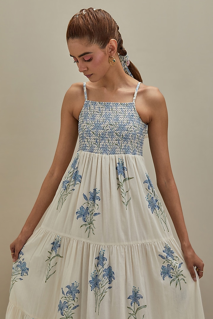 Off-White & Blue Cotton Hand Block Printed Tiered Summer Dress by Kora at Pernia's Pop Up Shop