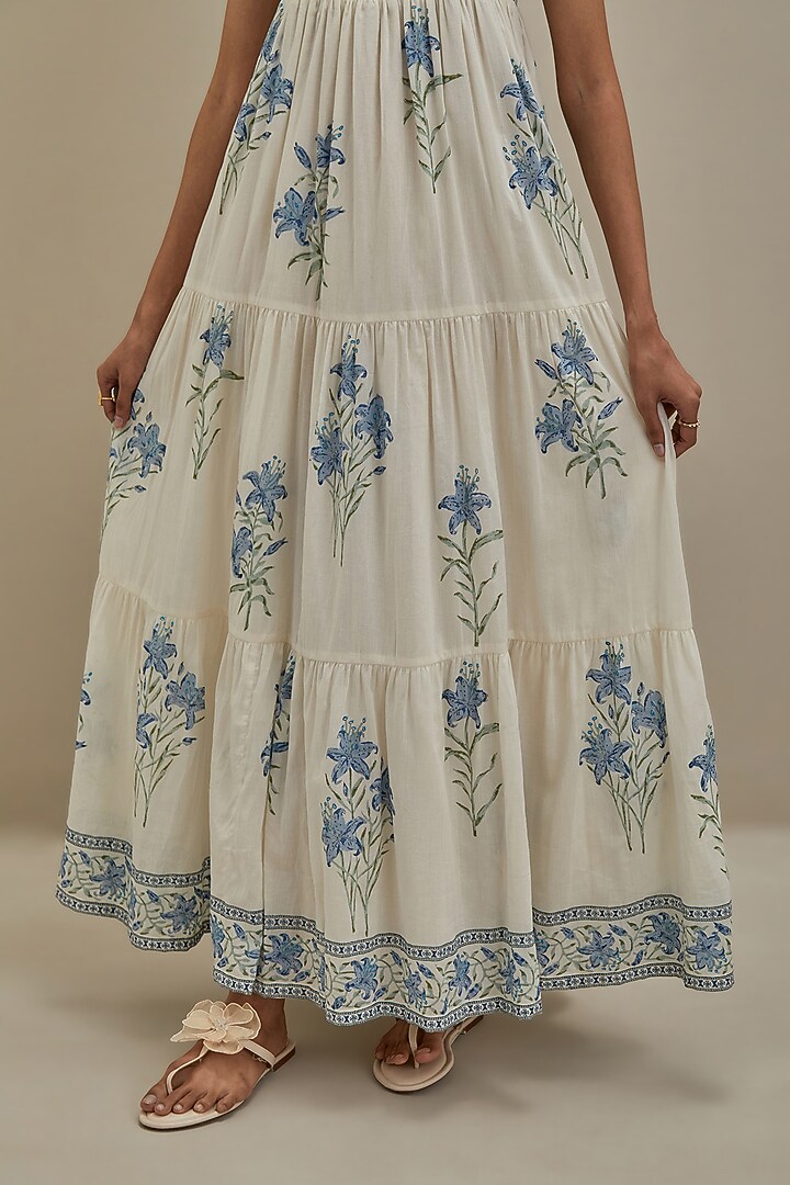 Off-White & Blue Cotton Hand Block Printed Tiered Summer Dress by Kora at Pernia's Pop Up Shop