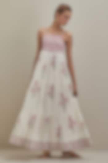 Off-White & Pink Cotton Hand Block Printed Tiered Summer Dress by Kora at Pernia's Pop Up Shop