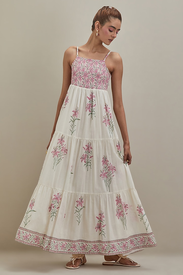 Off-White & Pink Cotton Hand Block Printed Tiered Summer Dress by Kora at Pernia's Pop Up Shop