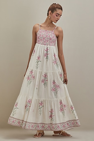 Off-White & Pink Cotton Hand Block Printed Tiered Dress by Kora
