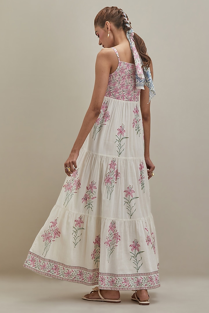 Off-White & Pink Cotton Hand Block Printed Tiered Summer Dress by Kora at Pernia's Pop Up Shop