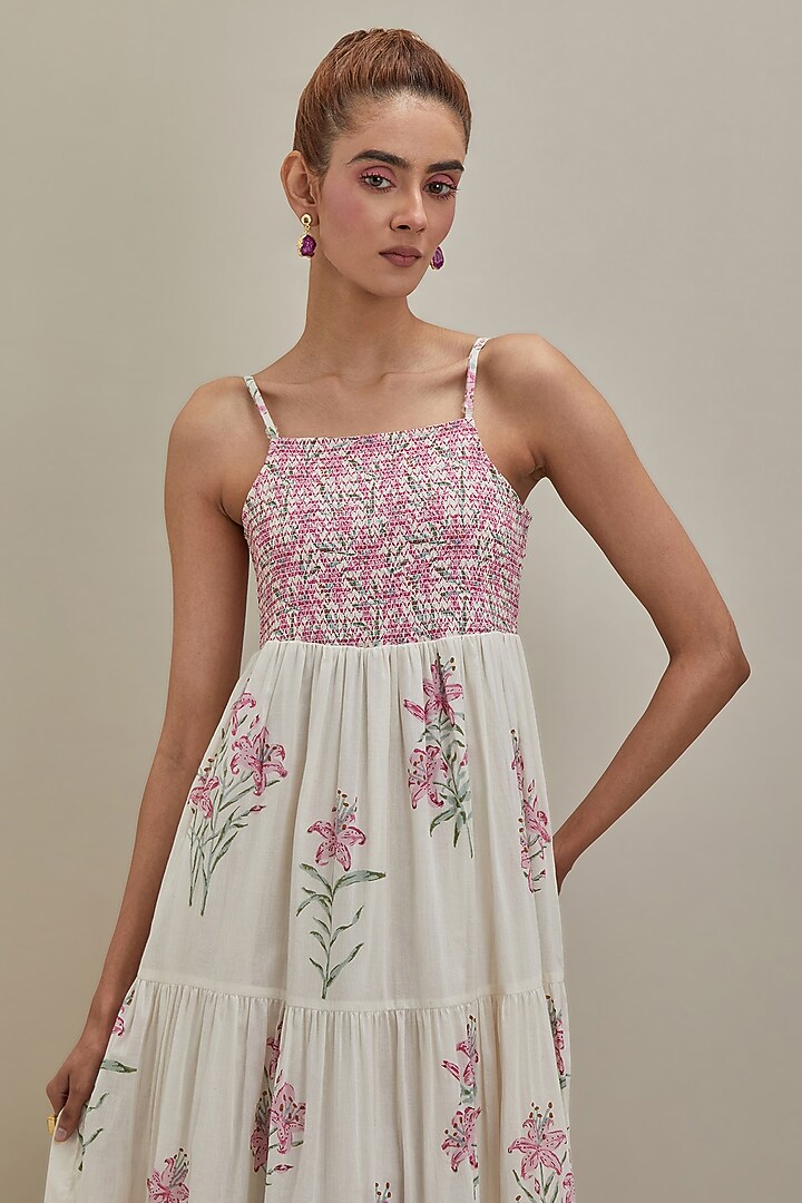 Off-White & Pink Cotton Hand Block Printed Tiered Summer Dress by Kora at Pernia's Pop Up Shop