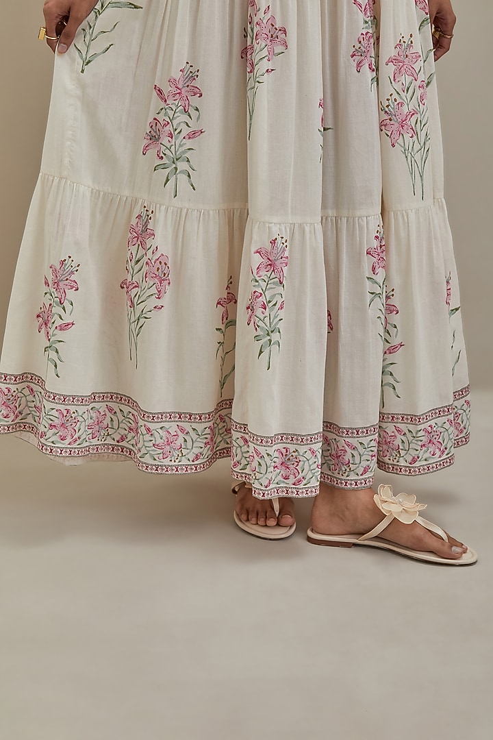 Off-White & Pink Cotton Hand Block Printed Tiered Summer Dress by Kora at Pernia's Pop Up Shop