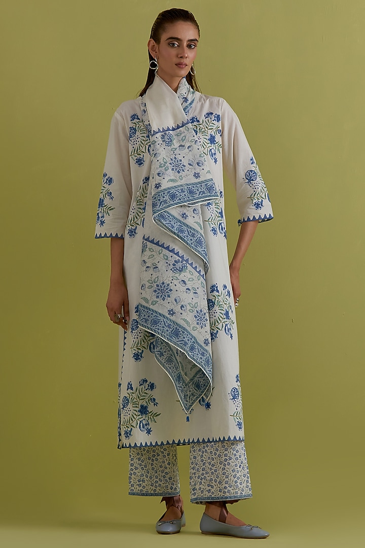 Off-White Cotton Hand-Block Printed Kurta Set by Kora at Pernia's Pop Up Shop