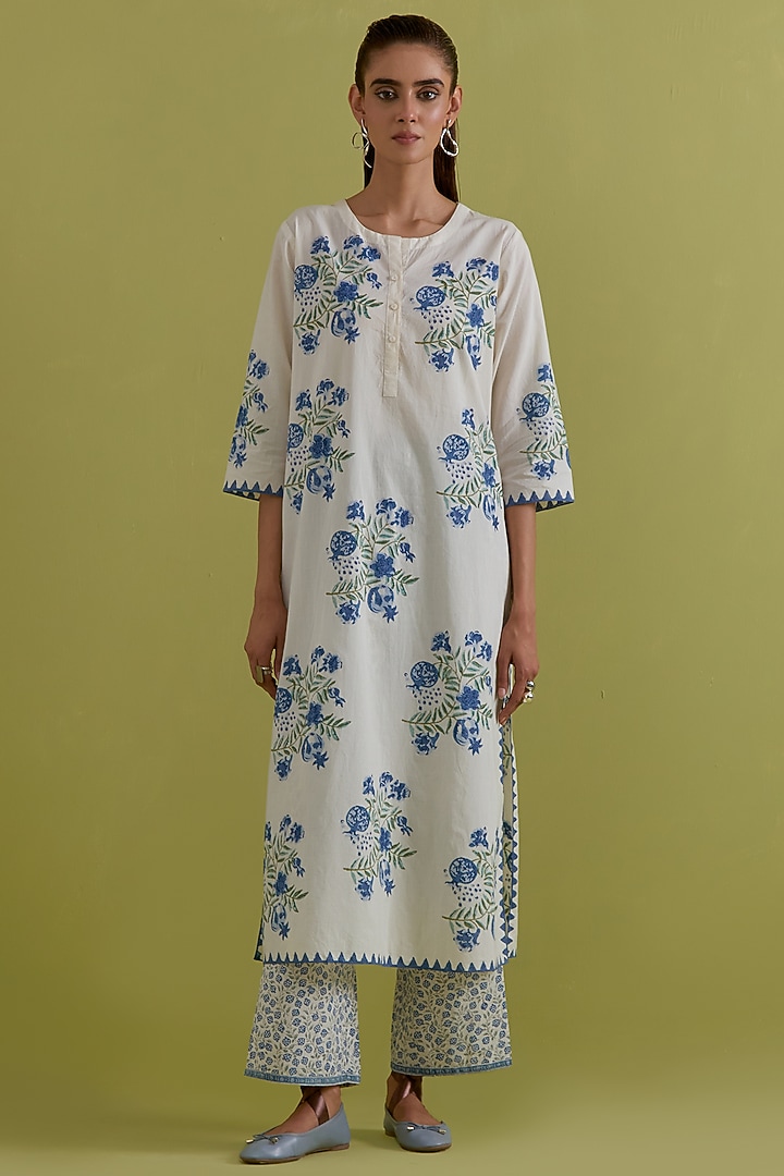 Off-White Cotton Hand-Block Printed Kurta Set by Kora at Pernia's Pop Up Shop